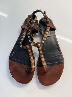 Balenciaga Brown Studded T-Strap Sandals - Women
